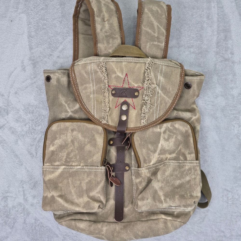 Canvas Military Rucksack Backpack Red Star Detail Mens Womens Outdoor Hiking